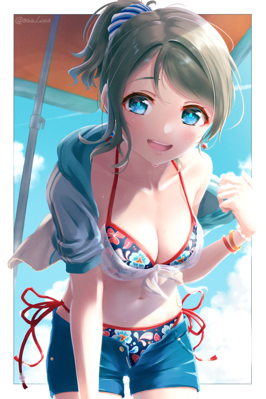 :d, absurdres, bikini, bikini_under_clothes, blue_eyes, blue_shorts, blue_sky, blush, breasts, cleavage, cloud, collarbone, floral_print, front-tie_bikini_top, front-tie_top, grey_hair, hair_ornament, hair_scrunchie, halterneck, highres, hood, hooded_jacket, hoodie, jacket, looking_at_viewer, love_live!, love_live!_sunshine!!, medium_breasts, multicolored_bikini, multicolored_jacket, multicolored_swimsuit, navel, open_clothes, open_fly, open_jacket, open_mouth, ponytail, scrunchie, short_shorts, short_sleeves, shorts, side-tie_bikini_bottom, sidelocks, sky, smile, solo, string_bikini, striped_clothes, striped_scrunchie, sweat, swimsuit, teeth, toine, twitter_username, two-tone_jacket, umbrella, unzipped, upper_teeth_only, watanabe_you