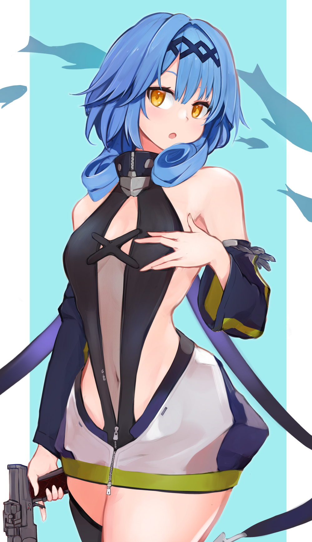 1girl, :o, azur_lane, bare_shoulders, black_one-piece_swimsuit, black_thighhighs, blue_background, blue_hair
