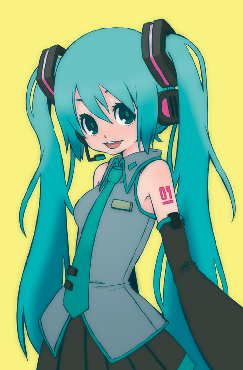 1girl, detached_sleeves, female_focus, green_eyes, green_hair, hatsune_miku, headphones, headset, long_hair, matching_hair/eyes, necktie, open_mouth, shinigami_(gumsyrup), simple_background, skirt, smile, solo, twintails, very_long_hair, vocaloid