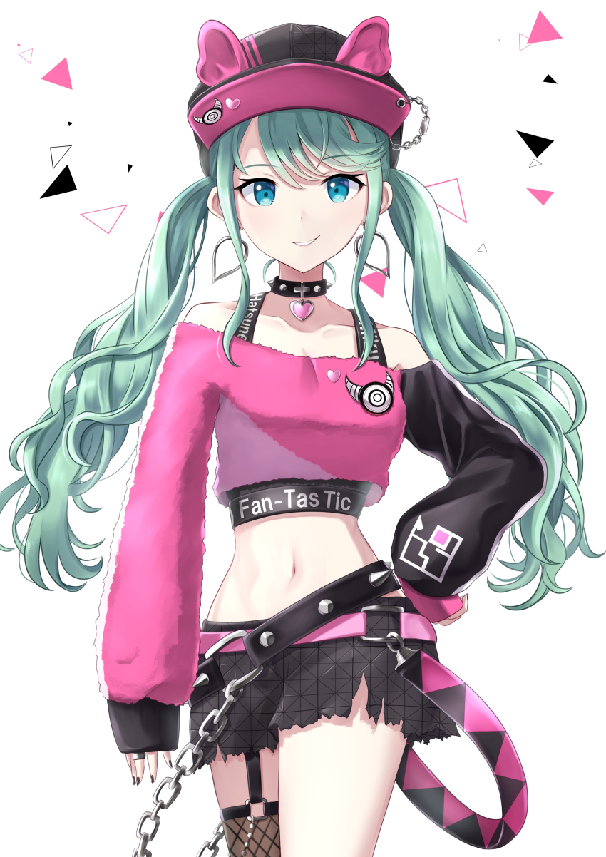 1girl, absurdres, alternate_costume, alternate_eye_color, animal_ear_headwear, aqua_hair, arm_at_side, asymmetrical_sleeves