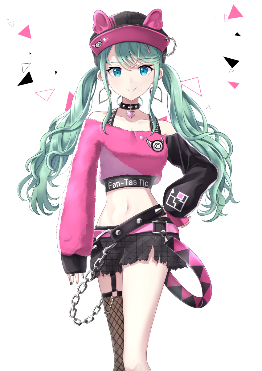1girl, absurdres, alternate_costume, alternate_eye_color, animal_ear_headwear, aqua_hair, arm_at_side, asymmetrical_sleeves