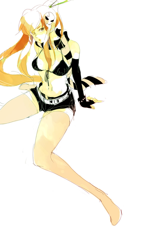 00s, 1girl, asymmetrical_gloves, bad_id, bad_pixiv_id, bikini, bikini_top_only, black_bikini, elbow_gloves, faux_traditional_media, female_focus, gloves, gohan_(memetomare), hair_ornament, hairclip, long_hair, long_legs, memetomare_(artist), no_shoes, painting_(medium), red_hair, scarf, sepia, shorts, single_elbow_glove, single_glove, sitting, sketch, solo, swimsuit, tengen_toppa_gurren_lagann, thighhighs, traditional_media, uneven_gloves, watercolor_(medium), yoko_littner