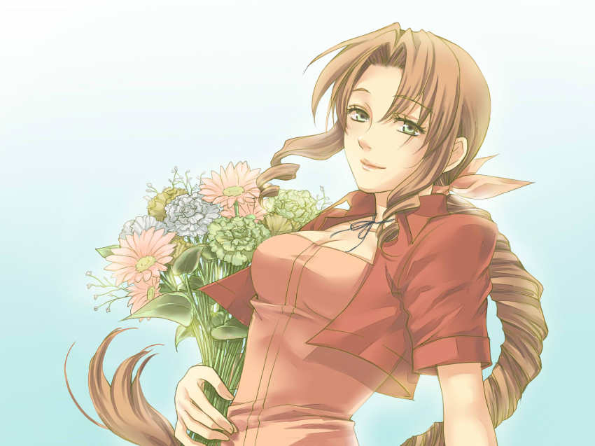 1990s_(style), 1girl, aerith_gainsborough, bouquet, brown_hair, dress, drill_hair, female_focus