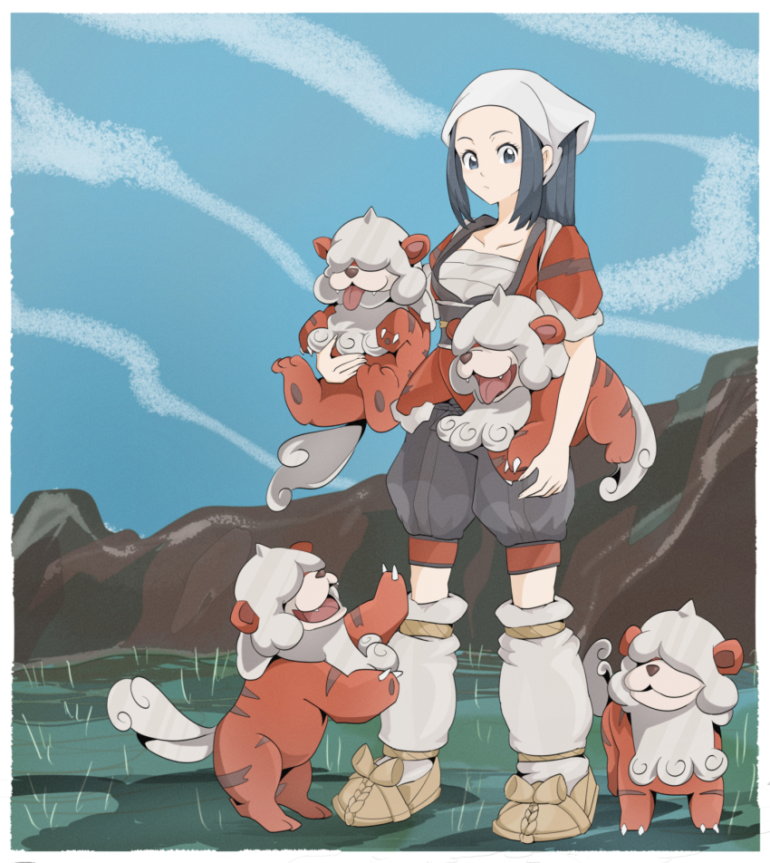 1girl, akari_(pokemon), black_hair, border, brown_footwear, carrying, carrying_under_arm, closed_mouth, commentary_request, day, eyelashes, grass, grey_eyes, headscarf, highres, hisuian_growlithe, holding, holding_pokemon, jacket, long_hair, loose_socks, mochi_curry, nintendo, outdoors, pokemon, pokemon_(creature), pokemon_legends:_arceus, ponytail, shoes, short_sleeves, shorts, sidelocks, sky, socks, standing, white_border, white_headscarf, white_headwear, white_legwear