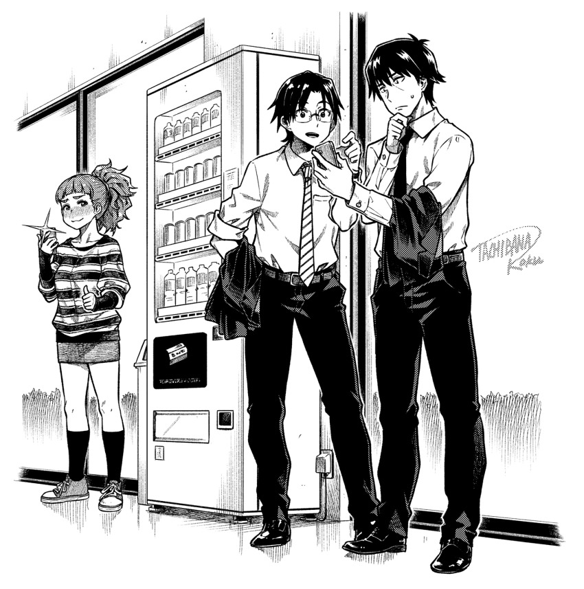 1girl, 2boys, :3, :d, blush, cellphone, closed_mouth, commentary_request