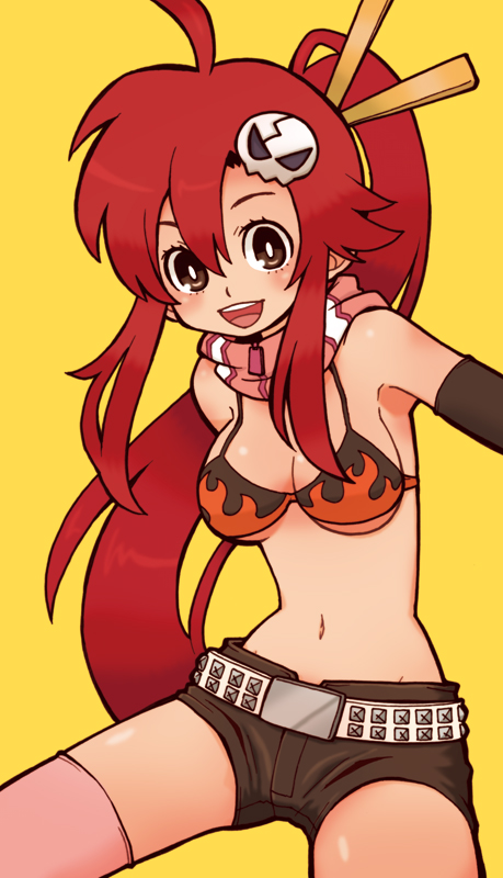 00s, 1girl, belt, bikini, bikini_top_only, breasts, brown_eyes, elbow_gloves, female_focus, gloves, hair_ornament, long_hair, midriff, navel, open_mouth, ponytail, red_hair, scarf, shinigami_(gumsyrup), shorts, solo, swimsuit, tengen_toppa_gurren_lagann, thighhighs, underboob, yoko_littner