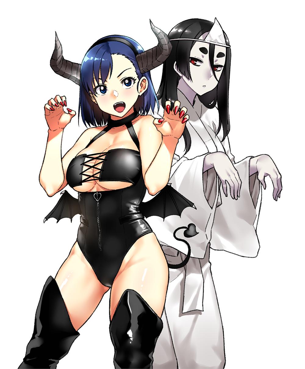 2girls, :d, black_footwear, black_hair, black_leotard, blue_eyes, blue_hair, boots