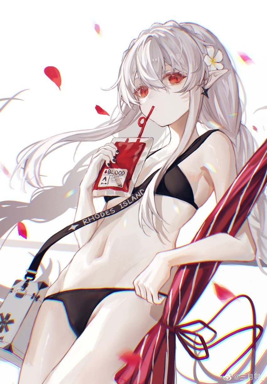 1girl, absurdres, arknights, bikini, black_bikini, black_nails, blood, blood_bag