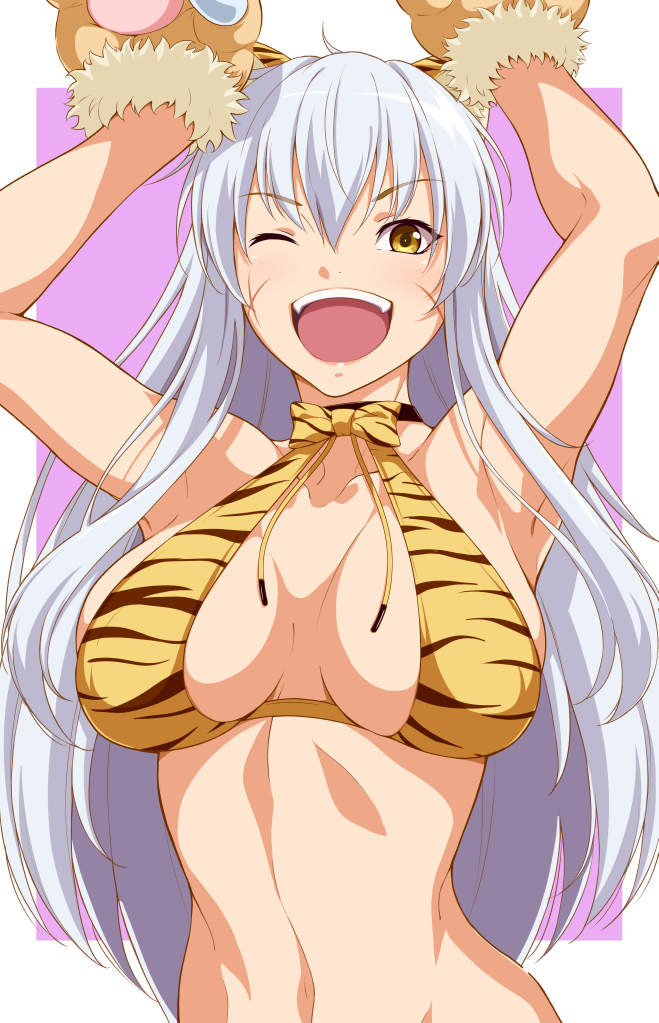1girl, ;d, animal_ears, animal_hands, arms_up, bikini, border, breasts