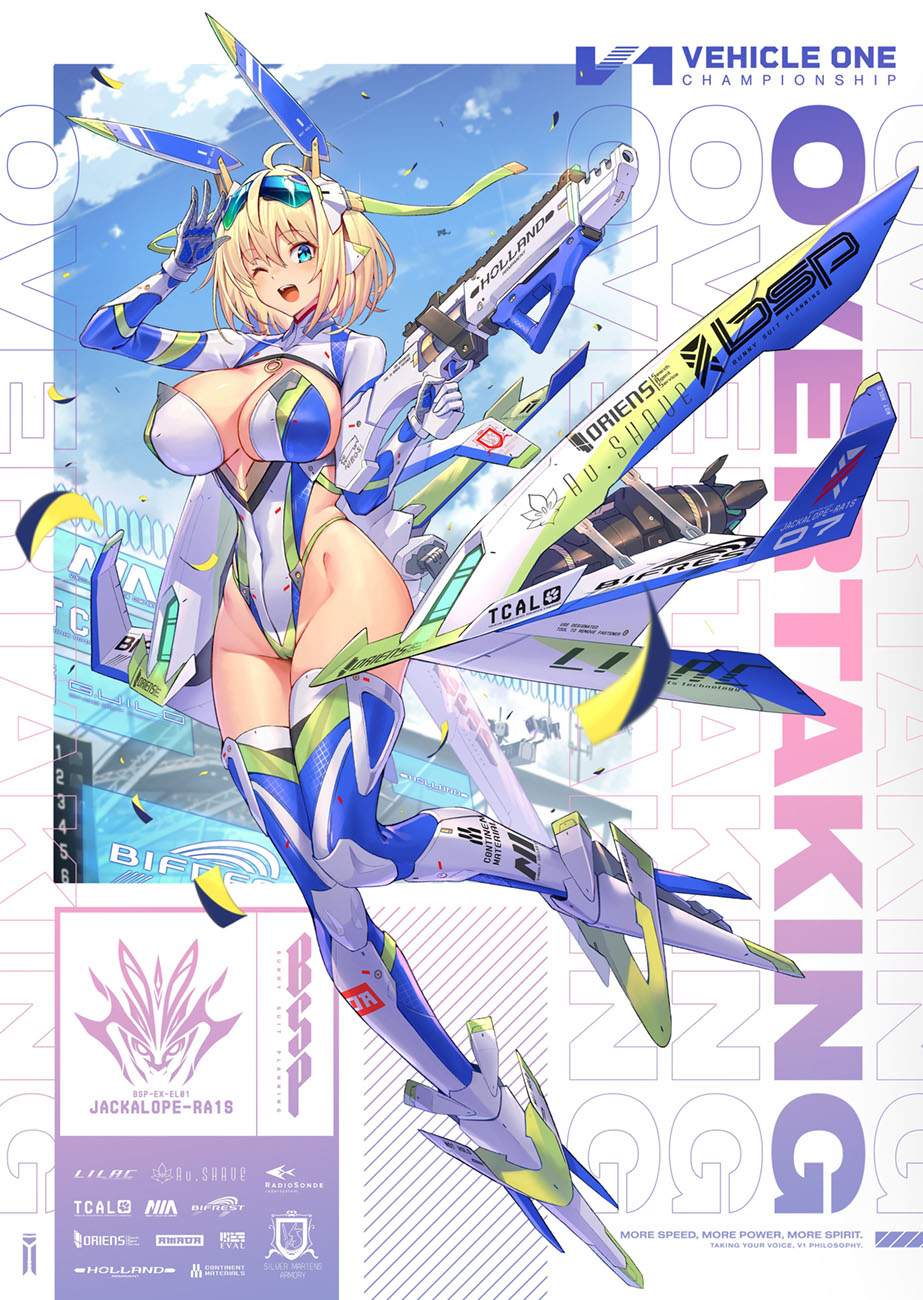 1girl, ahoge, assault_rifle, blonde_hair, blue_eyes, breasts, covered_erect_nipples, gun, high_heels, highleg, highleg_leotard, highres, large_breasts, leotard, mechanical_shoes, one_eye_closed, original, rifle, short_hair, solo, sophia_f_shirring, takamine_nadare, thighhighs, weapon