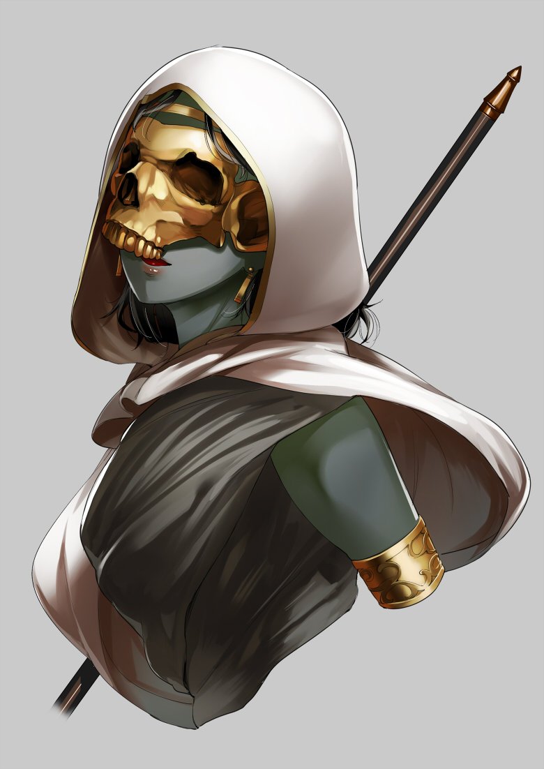 1girl, cape, colored_skin, earrings, elspeth_tirel, facing_viewer, female_focus, grey_background, grey_skin, hood, hood_up, hooded_cape, jewelry, magic:_the_gathering, mask, parted_lips, simple_background, skull_mask, solo, staff, upper_body, wakamesan, white_cape