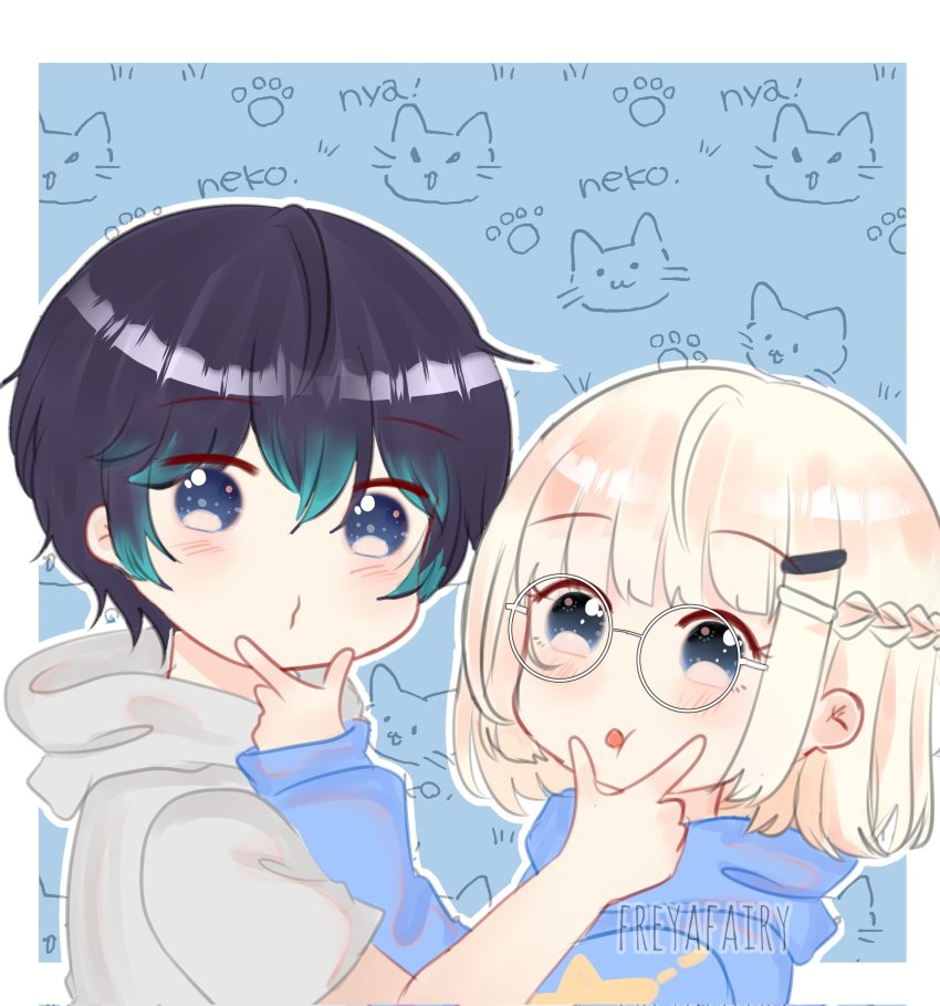 1boy, 1girl, acacia_leafs, alia_adelia, andi_adinata, black_hair, glasses, hair_ornament