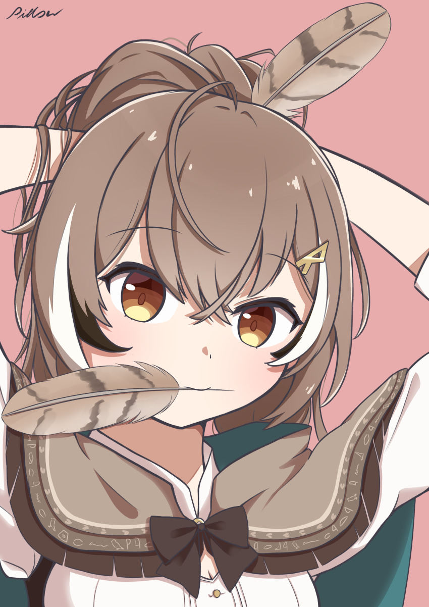 1girl, absurdres, arms_behind_head, brown_capelet, brown_eyes, brown_hair, capelet, cleavage_cutout