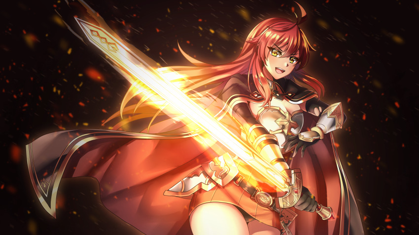 1girl, antenna_hair, armor, ateliae, belt, black_background, black_gloves, black_panties, black_thighhighs, blurry, boots, breastplate, cape, cermia_(epic_seven), epic_seven, fire, gloves, gold_trim, high-waist_skirt, highres, holding, holding_sword, holding_weapon, long_hair, looking_at_viewer, miniskirt, open_mouth, panties, pleated_skirt, red_hair, red_skirt, skirt, sleeveless, smile, solo, sword, thighhighs, thighs, underwear, vambraces, weapon, wing_collar, yellow_eyes