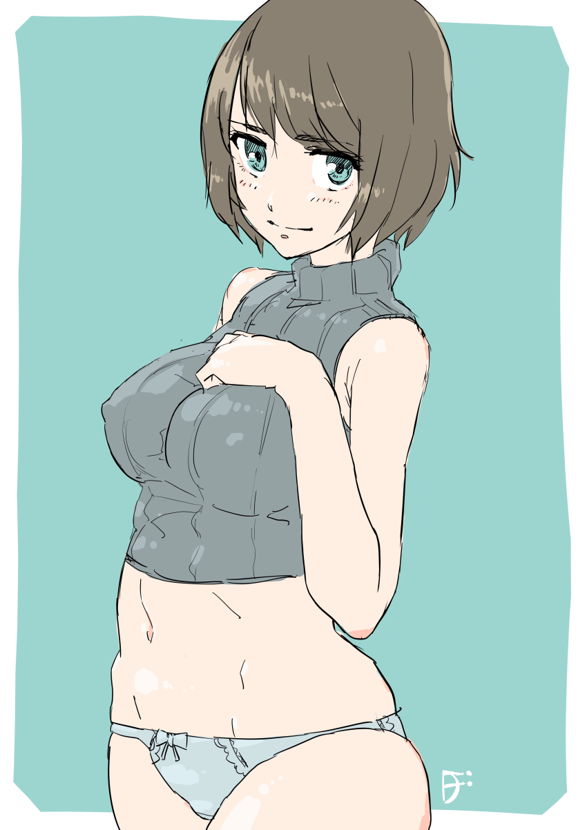 1girl, absurdres, aqua_background, artist_logo, ass, bare_shoulders, blush, bob_cut, bow, bow_panties, breasts, brown_hair, commentary, covered_erect_nipples, cowboy_shot, din_(pixiv25800872), green_eyes, grey_sweater, groin, hand_on_own_chest, highres, large_breasts, light_smile, logo, looking_at_viewer, midriff, navel, no_pants, original, outside_border, panties, ribbed_sweater, short_hair, sketch, sleeveless, sleeveless_sweater, sleeveless_turtleneck, solo, sweater, swept_bangs, turtleneck, turtleneck_sweater, underwear, white_panties