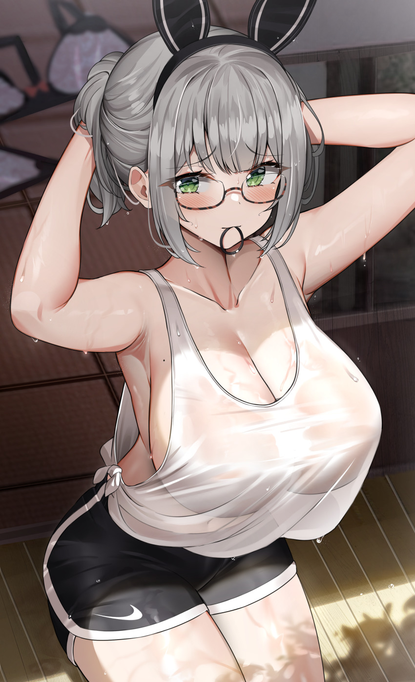 1girl, absurdres, animal_ears, armpits, arms_behind_head, arms_up, bare_arms, black_hairband, black_shorts, blush, bra, braid, breasts, cleavage, collarbone, commentary, cowboy_shot, dolphin_shorts, eyes_visible_through_hair, fake_animal_ears, glasses, green_eyes, hair_tie_in_mouth, hairband, highres, hololive, kuse_(0201), large_breasts, looking_at_viewer, mole, mole_on_breast, mouth_hold, nike_(company), no_bra, rabbit_ears, see-through_clothes, semi-rimless_eyewear, shirogane_noel, shirt, short_hair, short_shorts, shorts, side-tie_shirt, sidelocks, simple_background, sitting, solo, sweat, tied_shirt, tying_hair, underwear, unworn_bra, veranda, virtual_youtuber, wet, wet_clothes, wet_shirt, white_shirt, wooden_floor