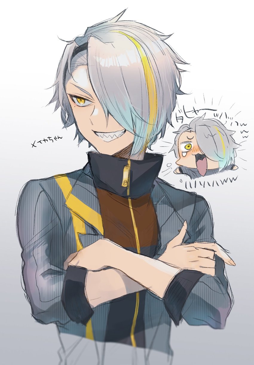 1boy, black_sweater, blonde_hair, blue_hair, blush, chamu_(zari_gani3), chibi, chibi_inset