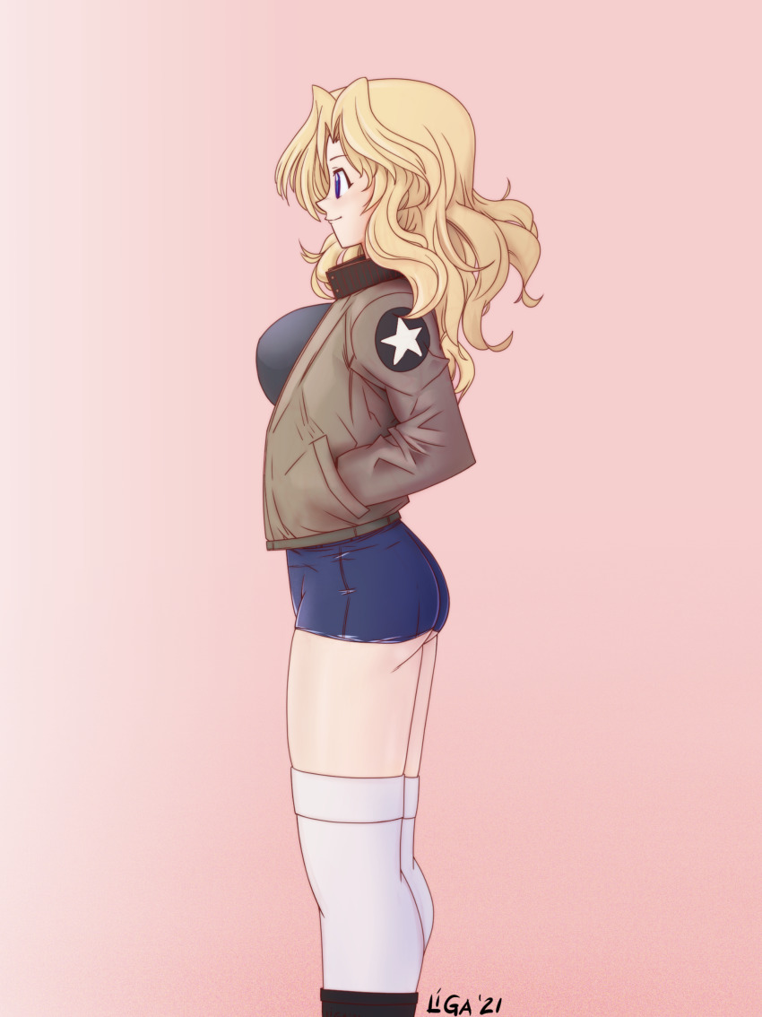 1girl, absurdres, artist_name, black_boots, black_shirt, blonde_hair, blue_eyes, blue_shorts
