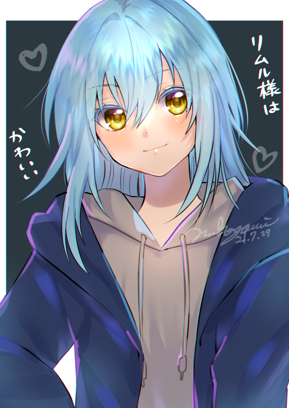 1other, androgynous, black_background, black_coat, blue_hair, blush, border, closed_mouth