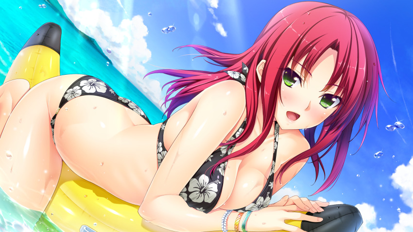 1girl, :d, barefoot, bikini, black_bikini, blue_sky, blush, bracelet