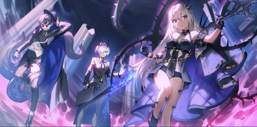 1boy, 2girls, alchemy_stars, areia_(alchemy_stars), arm_garter, bare_legs, black_footwear, black_gloves