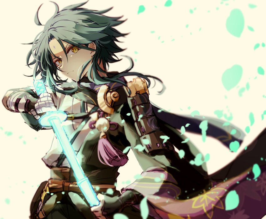 1boy, absurdres, ahoge, armor, bandaged_hand, bandages, black_gloves, closed_mouth, cosplay, drawing_sword, facial_mark, fingerless_gloves, forehead_mark, genshin_impact, gloves, glowing, glowing_weapon, green_hair, highres, holding, holding_sword, holding_weapon, japanese_armor, japanese_clothes, kaedehara_kazuha, kaedehara_kazuha_(cosplay), leaf, leaf_print, male_focus, ryu_genshin77, simple_background, solo, sword, tassel, upper_body, weapon, xiao_(genshin_impact), yellow_background, yellow_eyes