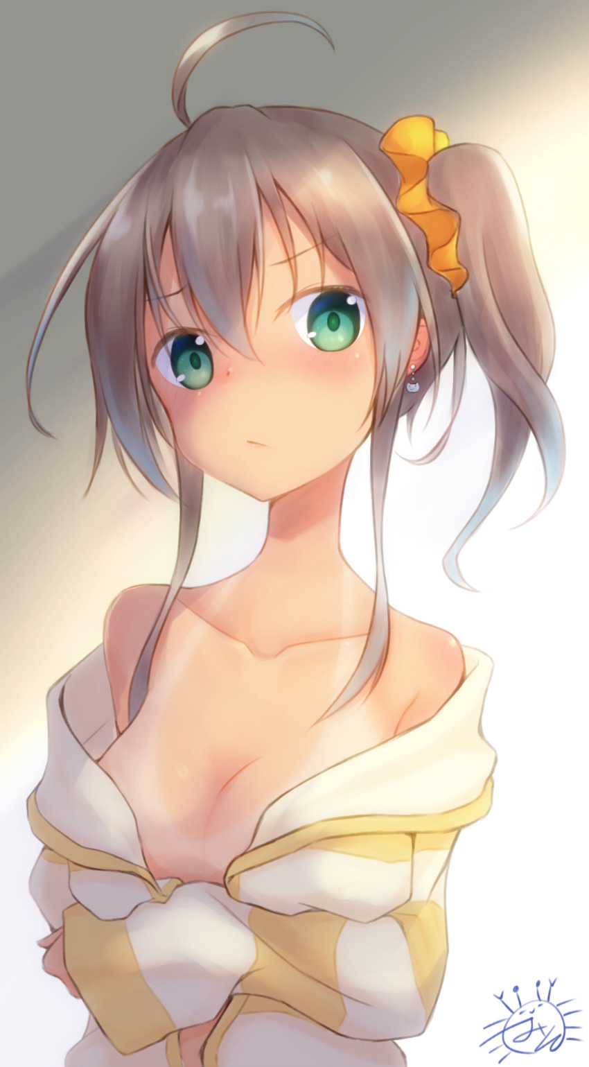 1girl, absurdres, ahoge, alternate_breast_size, aqua_eyes, arm_under_breasts, bare_shoulders, breasts