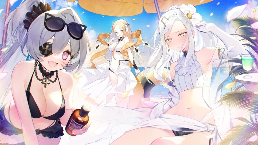 3girls, :d, alchemy_stars, arm_up, asagi_yuna, bare_shoulders, beach_umbrella, bikini