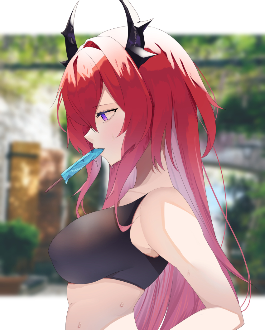 1girl, absurdres, arknights, blurry, blurry_background, breasts, food, from_side