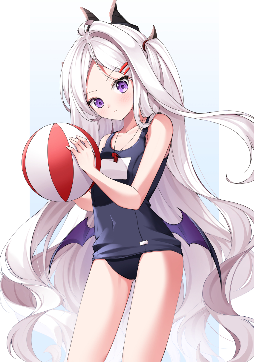 1girl, absurdres, ball, blue_archive, collarbone, commentary_request, demon_girl, demon_horns