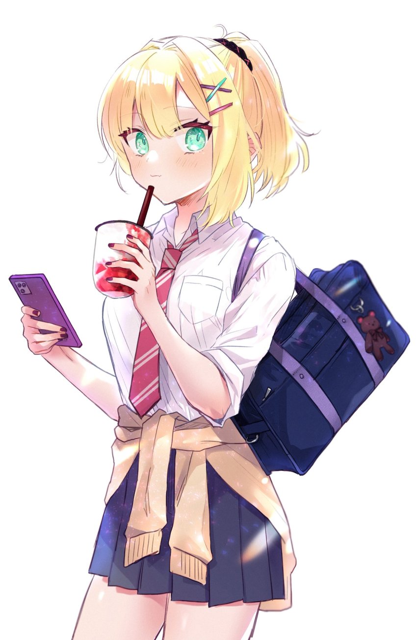 1girl, alternate_costume, alternate_hairstyle, bad_id, bad_twitter_id, bag, blue_skirt, breasts