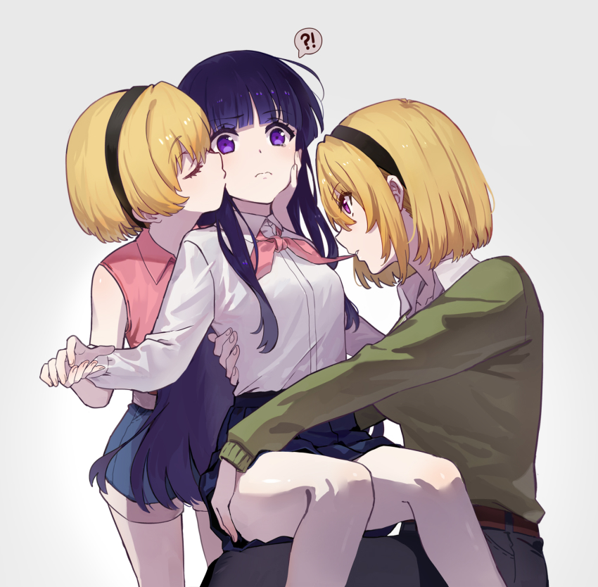 !?, 2girls, age_difference, biting, blonde_hair, blue_hair, closed_eyes, closed_mouth, cowboy_shot, frown, furude_rika, grey_background, hairband, hand_on_back, hand_on_own_hip, heart, highres, higurashi_no_naku_koro_ni, higurashi_no_naku_koro_ni_gou, holding, holding_hands, houjou_satoko, kiss, kissing_cheek, kodomo_doushi, loli, long_hair, looking_up, multiple_girls, multiple_views, necktie, onee-loli, open_mouth, pale_skin, pants, purple_eyes, red_eyes, sexually_suggestive, shirt, short_hair, simple_background, sitting, sitting_on_lap, sitting_on_person, skirt, spoken_interrobang, sweatdrop, teardrop, thighhighs, thighs, usamin_(megumikira), white_shirt, yuri