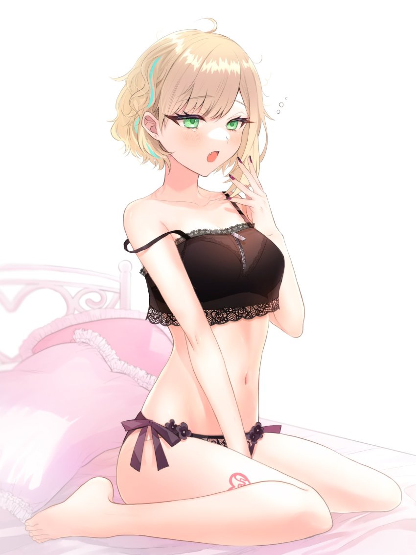 1girl, :o, black_panties, blonde_hair, blue_hair, breasts, chamu_(zari_gani3), collarbone, green_eyes, highres, iris_black_games, kurumi_noah, medium_breasts, midriff, multicolored_hair, nail_polish, navel, on_bed, open_mouth, panties, purple_nails, short_hair, sitting, solo, streaked_hair, underwear, underwear_only, virtual_youtuber, vspo!, wariza, yawning