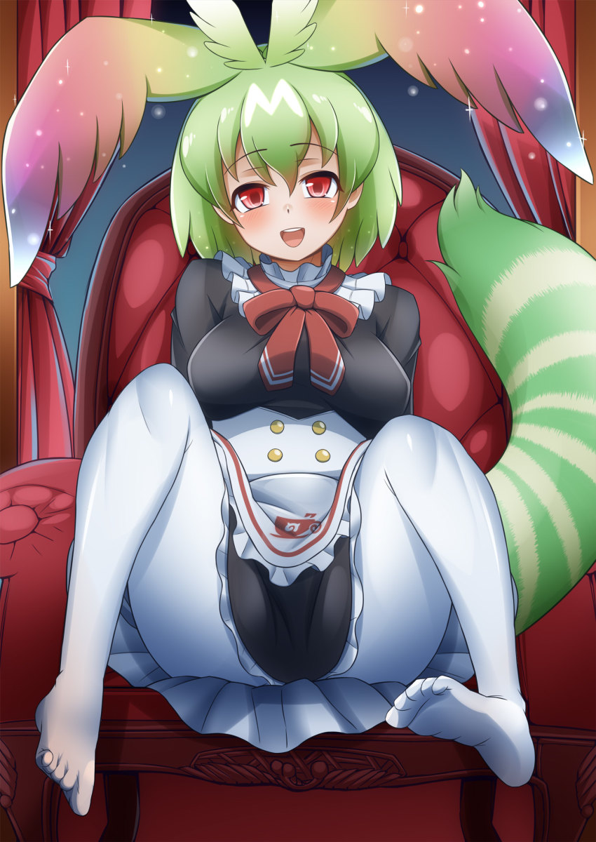 1girl, alternate_costume, apron, black_skirt, blush, cellval, chair, commentary_request