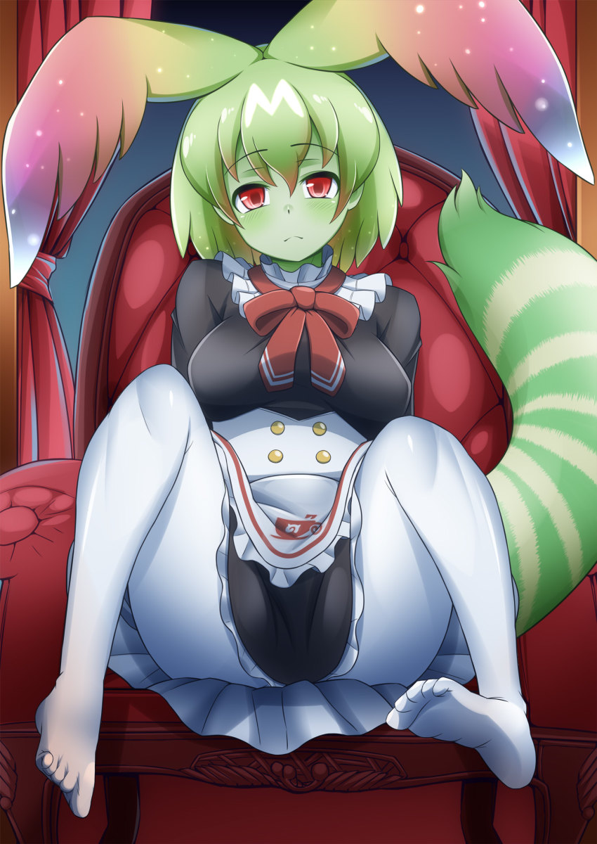 1girl, alternate_costume, apron, black_skirt, blush, cellval, chair, colored_skin