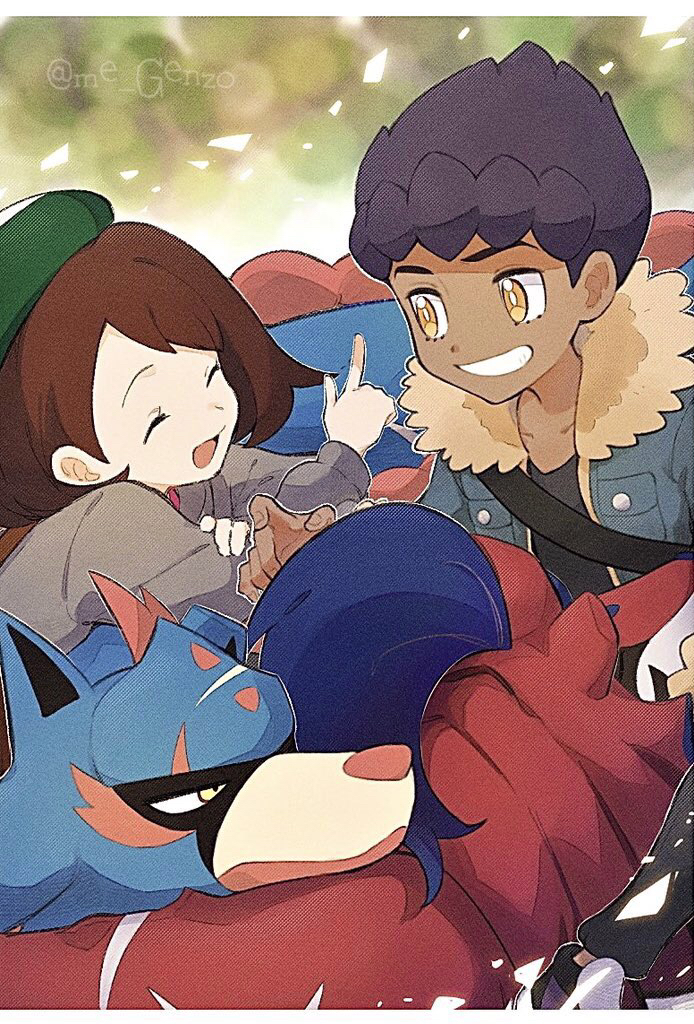 1boy, 1girl, :d, bad_id, bad_pixiv_id, black_pants, black_shirt, blue_jacket