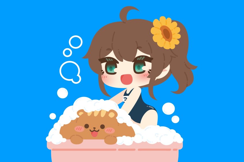 :d, ahoge, aqua_eyes, bathing, blue_background, blush, brown_hair, bubble, chibi, flat_color, flower, foam, hair_between_eyes, hair_flower, hair_ornament, highres, hololive, matsurisu, motyomi, natsuiro_matsuri, open_mouth, school_swimsuit, short_hair, side_ponytail, simple_background, smile, solo, sunflower, sunflower_hair_ornament, swimsuit, virtual_youtuber, washing
