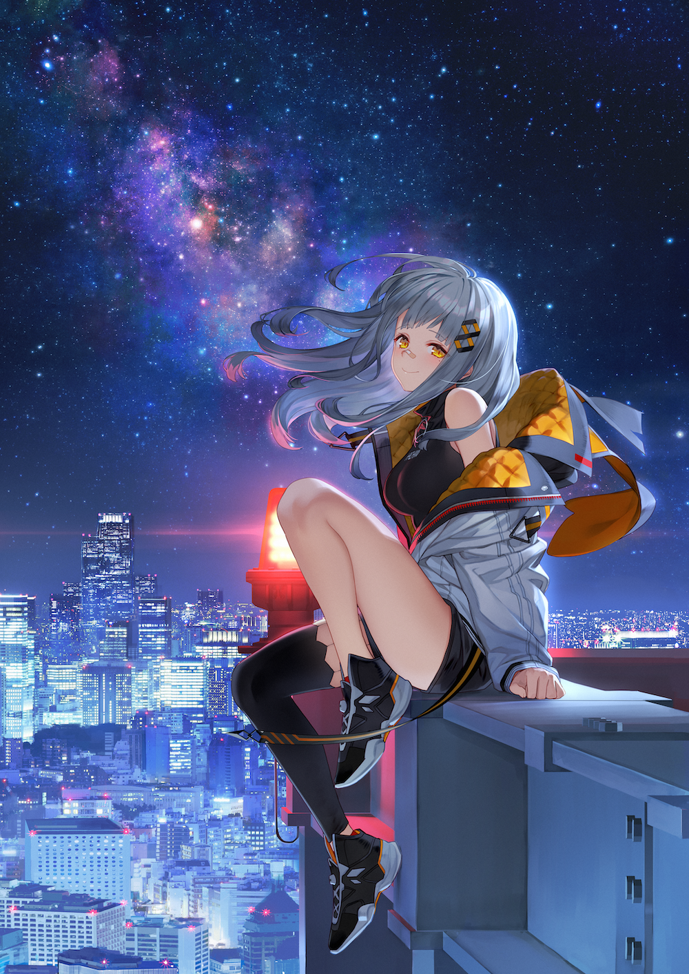 1girl, bandaid, bandaid_on_face, bandaid_on_nose, bare_shoulders, belt, black_shorts, black_thighhighs, blush, breasts, city, city_lights, cityscape, coat, crop_top, from_side, hachi_(live_union), hair_ornament, highres, infinity_symbol, izumi_sai, knee_up, live_union, long_hair, looking_at_viewer, medium_breasts, milky_way, mole, mole_under_eye, night, off_shoulder, on_roof, open_clothes, open_coat, rooftop, scenery, second-party_source, shoes, short_shorts, shorts, silver_hair, single_thighhigh, sitting, sitting_on_roof, sky, skyline, smile, sneakers, solo, star_(sky), starry_sky, tank_top, thighhighs, virtual_youtuber, yellow_eyes