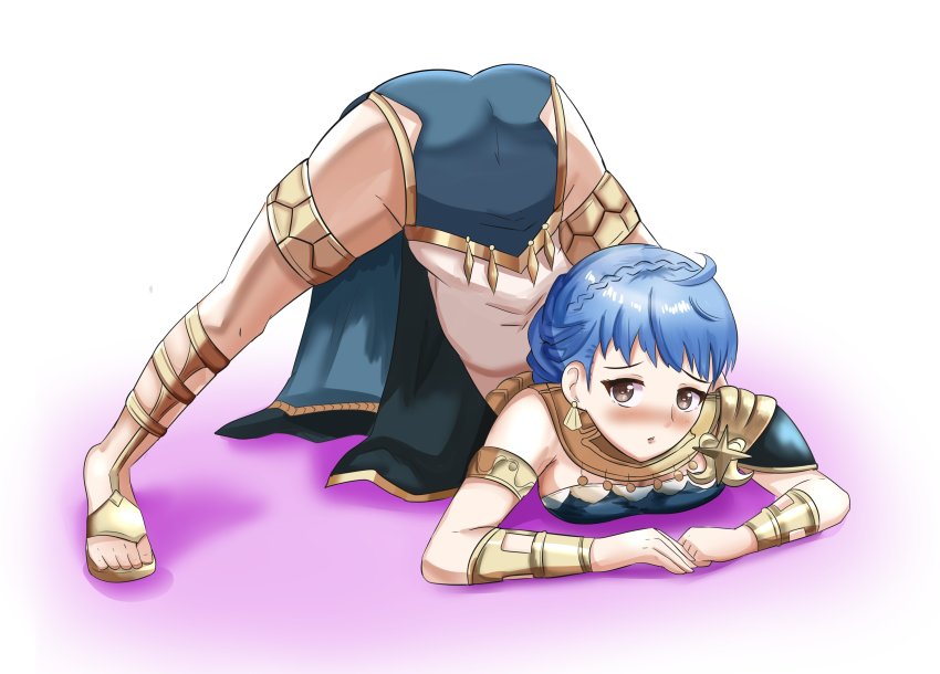 1girl, absurdres, armlet, ass, bare_shoulders, blue_hair, blush, bracelet