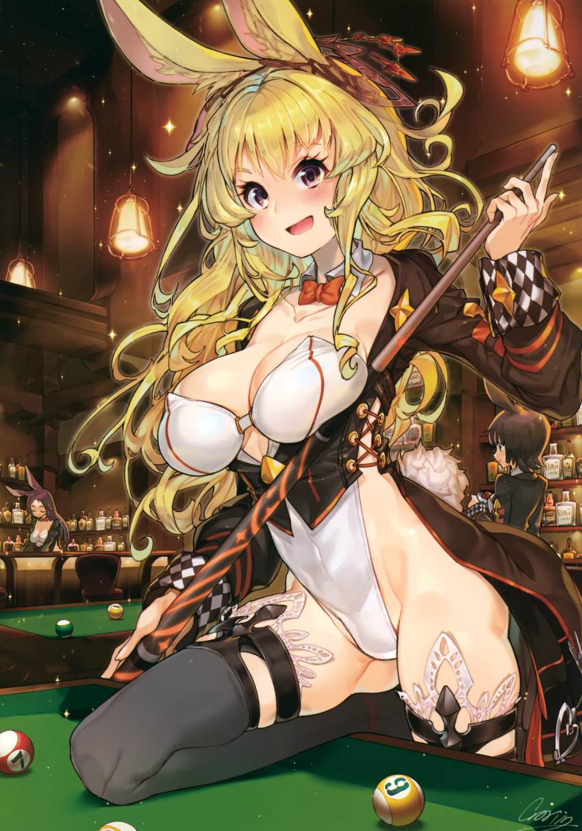 3girls, :d, absurdres, animal_ears, ball, bar_(place), billiards, blonde_hair
