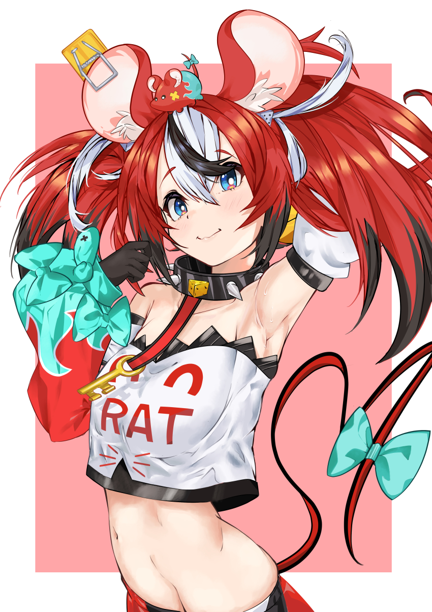 1girl, absurdres, animal_ears, armpits, bine_kun, cheese, collar, dice_hair_ornament