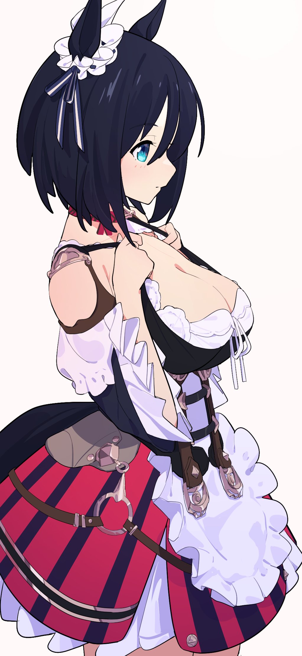 1girl, animal_ears, apron, bag, bare_shoulders, black_hair, black_shirt, blue_eyes