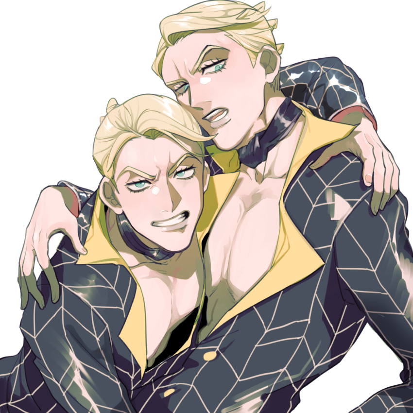 2boys, arm_over_shoulder, blonde_hair, blue_eyes, choker, clone, formal_clothes, hanrushi, jojo_no_kimyou_na_bouken, long_sleeves, looking_at_viewer, male_focus, multiple_boys, open_clothes, open_shirt, pectoral_cleavage, pectorals, prosciutto_(jojo), suit, teeth, vento_aureo, white_background