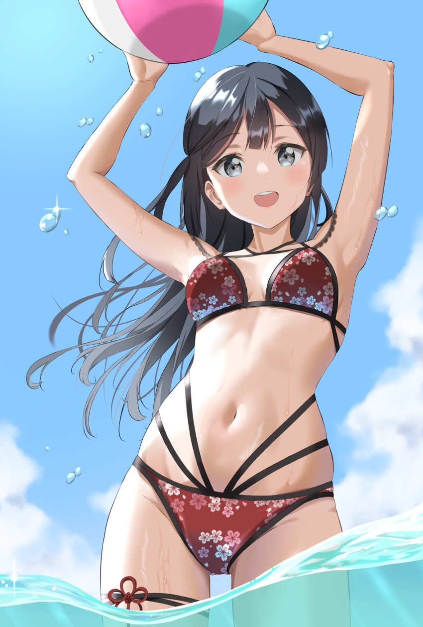 1girl, ball, beachball, bikini, black_hair, bra, breasts, floral_print