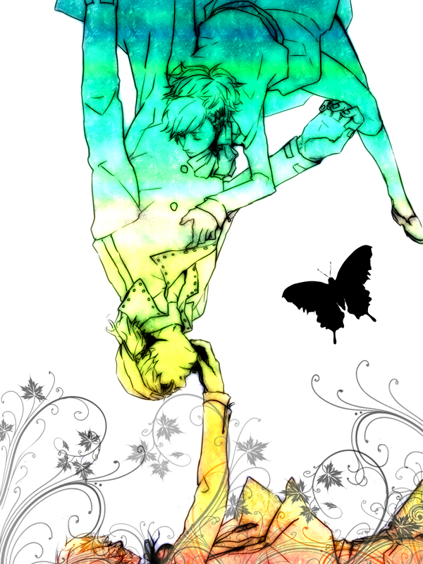 1girl, 2boys, aragaki_shinjirou, atlus, beanie, bow, bug, butterfly