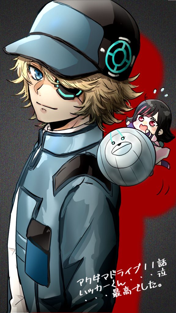 1boy, 1girl, akudama_drive, black_hair, blue_eyes, brown_hair, chibi, eyepatch