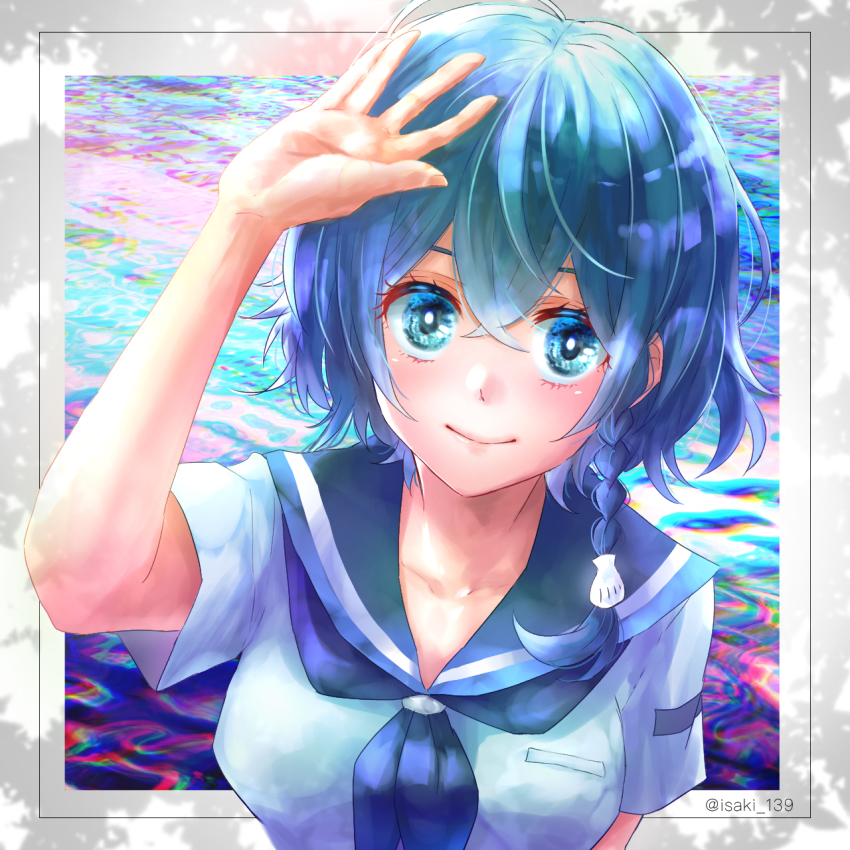 1girl, artist_name, blue_eyes, braid, hair_between_eyes, hair_ornament, hand_up, highres