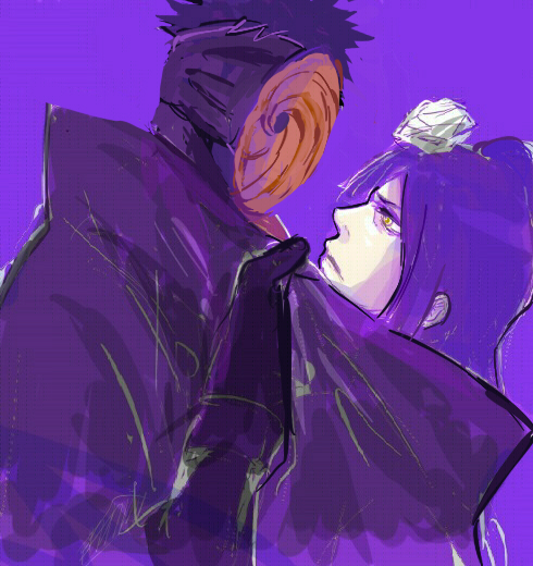 1boy, 1girl, akatsuki_(naruto), akatsuki_uniform, black_gloves, black_hair, clothes_grab, eyeshadow, flower, gloves, hair_flower, hair_ornament, harakara12, high_collar, konan_(naruto), looking_at_another, makeup, mask, masked_madara, naruto_(series), naruto_shippuuden, purple_hair, tobi_(naruto), uchiha_obito, yellow_eyes