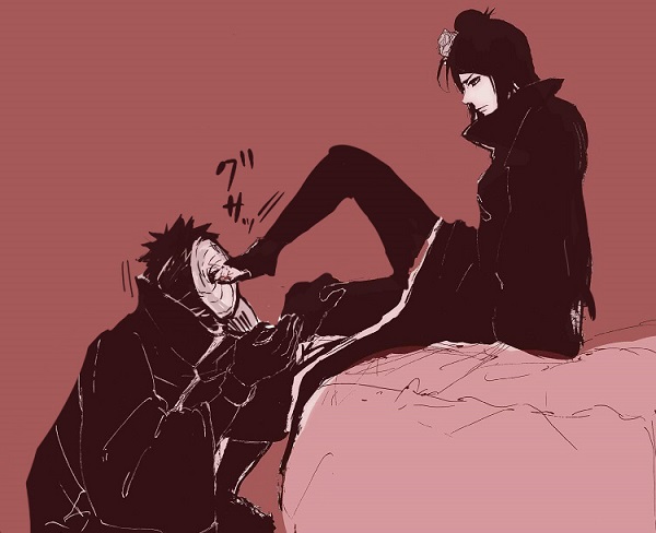 1boy, 1girl, akatsuki_(naruto), akatsuki_uniform, bed, closed_mouth, feet, flower, gloves, hair_flower, hair_ornament, harakara12, high_collar, konan_(naruto), legs, looking_at_another, mask, naruto_(series), naruto_shippuuden, short_hair, sitting, tobi_(naruto), uchiha_obito