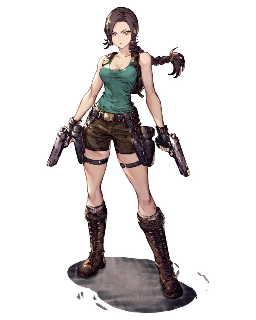 1girl, backpack, bag, belt, boots, braid, braided_ponytail, breasts, brown_boots, brown_hair, cleavage, dual_wielding, final_fantasy, final_fantasy_brave_exvius, full_body, gun, handgun, highres, holding, holster, lara_croft, looking_at_viewer, official_art, ohara_ryoji, short_shorts, shorts, simple_background, solo, square_enix, standing, tank_top, thigh_strap, third-party_source, tomb_raider, war_of_the_visions:_final_fantasy_brave_exvius, weapon